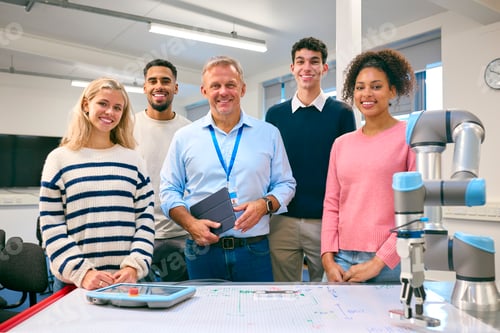 Preview: Portrait Of Group Of College Or University Engineering Students In Robotics Class With Male Teacher