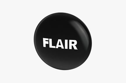 Preview: Circular glossy black icon with raised white "flair" lettering