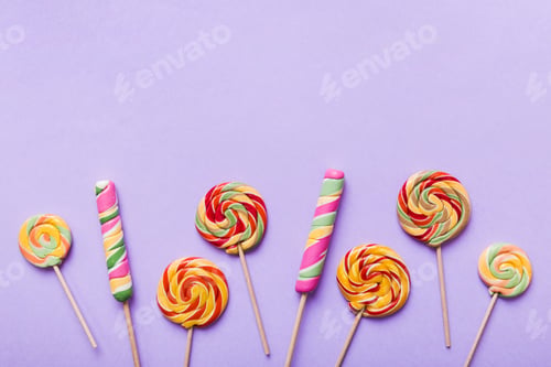 Preview: Set of colorful lollipops on colored background. Summer concept. Party Happy Birthday