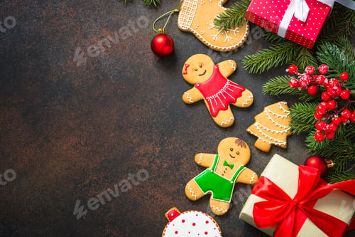 Preview: Christmas gingerbread with christmas decorations on dark backg