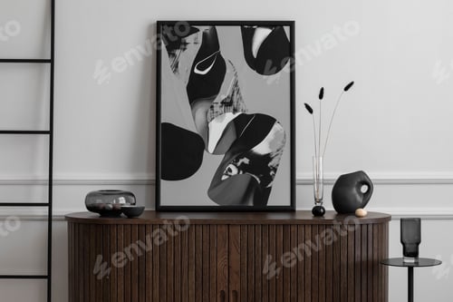 Preview: Modern composition of living room interior with rug and personal accessories. Home decor. Template.