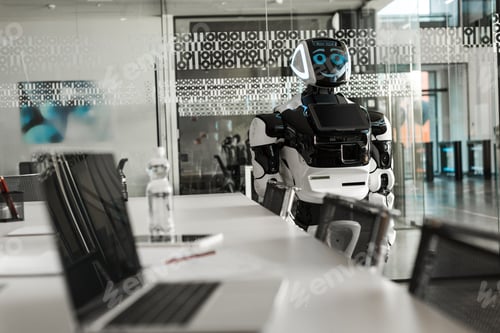 Preview: selective focus of humanoid robot standing near desk in conference hall