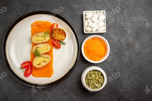 Preview: top view tasty potato pies with pumpkin on a grey background bake oven color dish pie cake