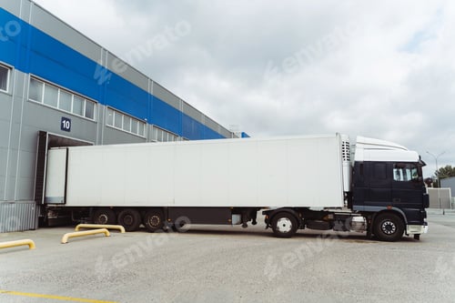 Preview: Truck parked near cargo terminal, loading goods on street near warehouse. Concept of transportation