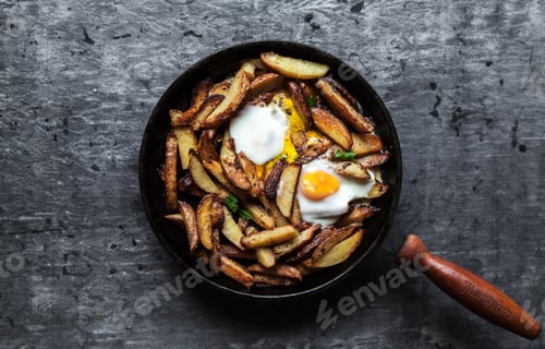 Preview: Fried potatoes and eggs in a pan close-up. horizontal