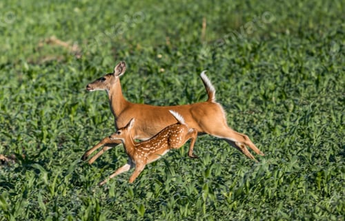Preview: Deer with its child running through a field covered in greenery under the sunlight