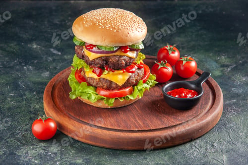 Preview: Top view of tasty sandwich tomatoes ketchup on wooden cutting board on dark color background with