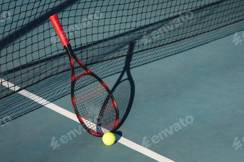 Preview: High angle view of red racket with ball leaning on net at tennis court during sunny day
