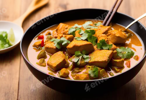Preview: Authentic taste: dragon fish curry and bamboo shoots in a ceramic plate.