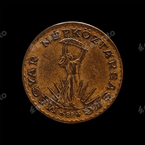 Preview: Closeup of a 10 forint coin from 1987 isolated on a black background, Hungarian national currency