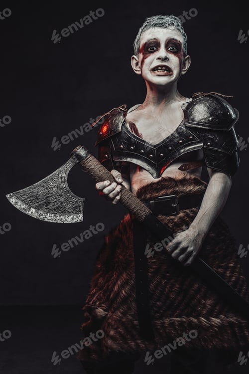 Preview: Creepy boy warrior with axe in armour in dark background