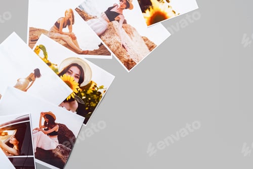 Preview: Printed colorful photos of women portraits against gray background