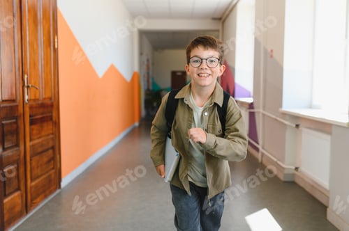 Preview: Smiling pupil running in school corridor during break time