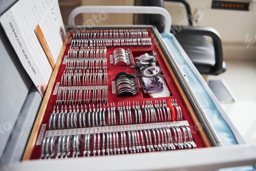 Preview: Red box lying on the table with ophthalmic device and many of the lenses