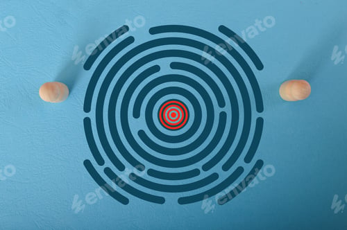 Preview: Two wooden doll figures standing at the entrance of a maze. Business strategy, challenge, solution