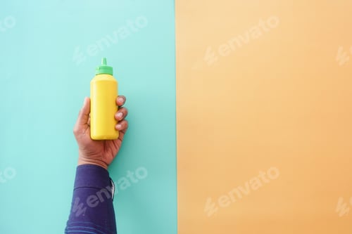 Preview: top view of holding a mustard mayonnaise container