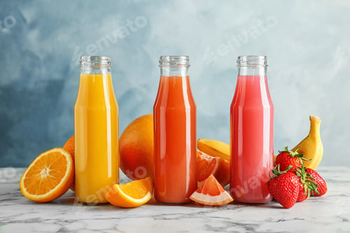 Preview: Bottles with tasty juices and ingredients on table