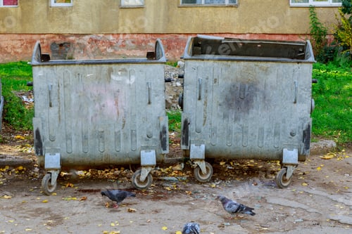 Preview: Two garbage bins in a park, one for paper, one for cans and one for unrecyclable trash. can garbage