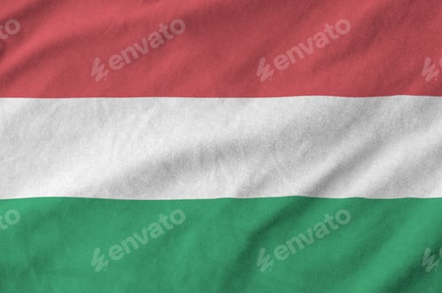 Preview: Hungary flag depicted on folded wavy fabric of old cloth