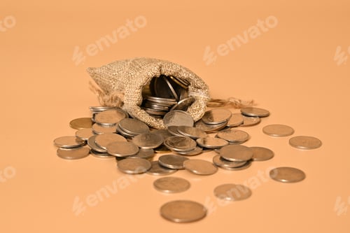 Preview: Money bag and stack of coins on background, Investment in future, Financial business investment