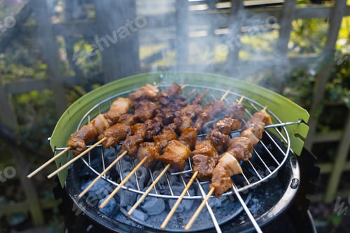 Preview: Pork barbecue on sticks on a small outdoor grill station