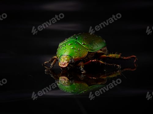 Preview: Closeup wet green beetle bug with reflection on a black background