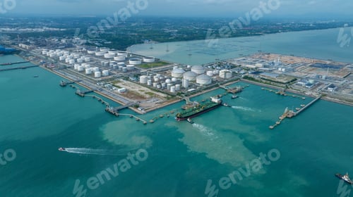 Preview: LNG (Liquified Natural Gas) tanker anchored in Gas terminal gas tanks for storage. Oil Crude Gas