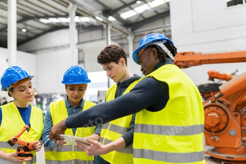 Preview: multiracial workers in a robotic factory, engineers discussing car parts in the factory