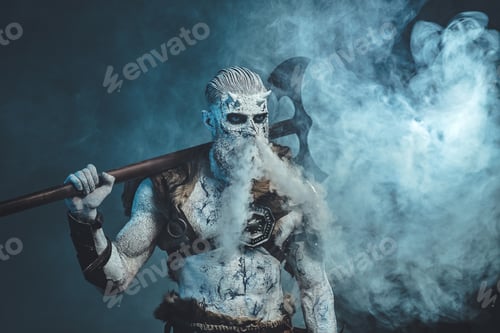 Preview: Scary undead from nord with axe in blue background with fog