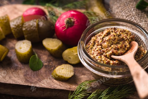 Preview: Cucumber, radishes, lettuce, mustard, on a cutting board partial blur