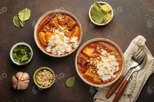Preview: Two bowls of massaman curry with beef, potatoes, rice, and peanuts served in bowls top view