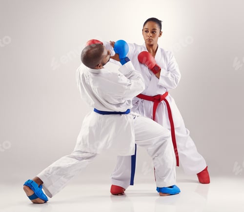 Sparring Partners Demonstrating Martial Arts Techniques