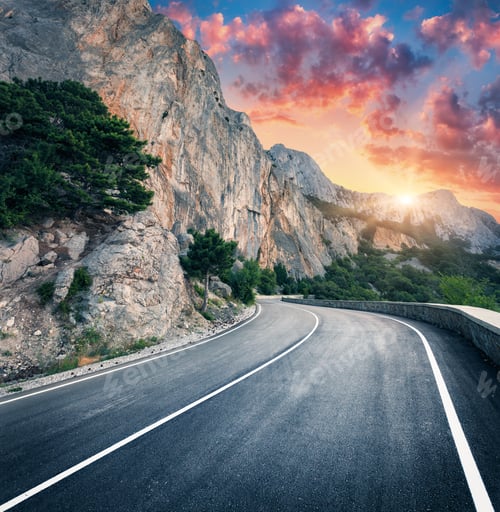 Preview: Mountain road and beautiful sky at sunset. Colorful landscape