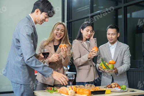 Preview: Successful business team, excited businessman feel happy work complete with champagne and pizza
