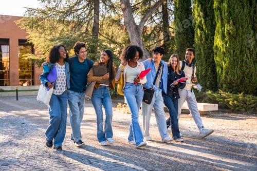 Preview: Diverse group of university students walking on campus