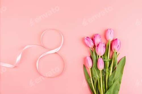 Preview: View From Above Pink Tulips and Number Eight With Copy Space