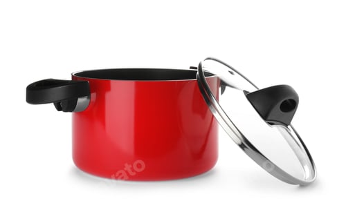 Preview: Modern red clean saucepan with lid isolated on white