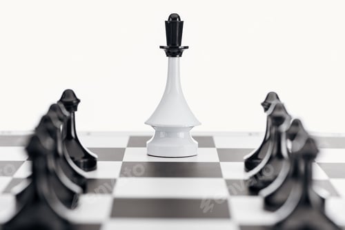 Preview: selective focus of chessboard with white queen figure and black pawns isolated on white