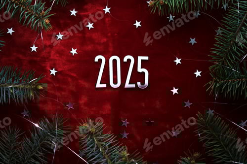 Preview: New Year red 2025 background. Number of the coming year in Christmas decoration.