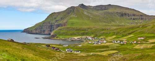 Preview: Panoramic green Faroe islands landscape and coastline village, Famjin. Suduroy