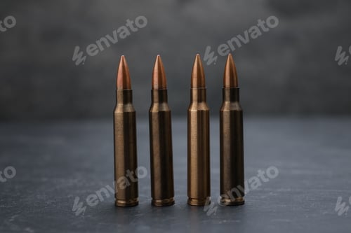 Preview: Firearm cartridges on grey table against smoke, closeup