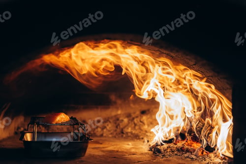 Preview: Salmon cooking in wood fired oven with flames