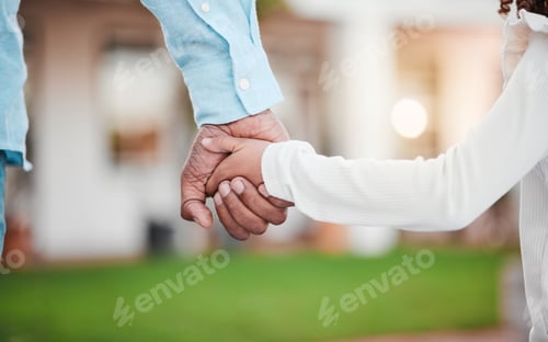 Preview: Holding hands, parent and kid together in a garden with dad love, care and support. Papa, child han
