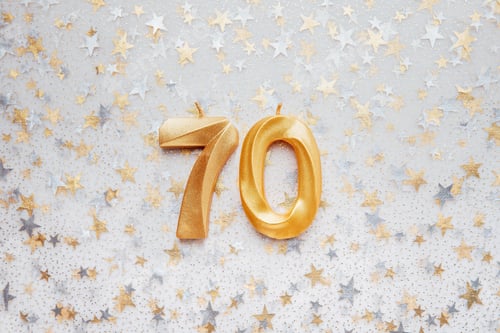 Preview: Number 70 seventy golden celebration birthday candle on Festive Background. seventy years birthday.