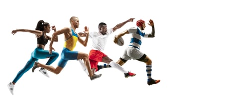 Preview: Young caucasian sportsmen running and jumping on white background
