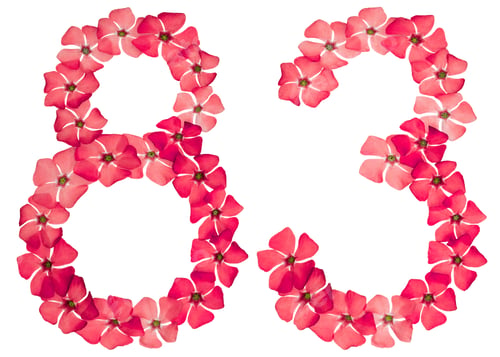 Preview: Numeral 83, eighty three, from natural red flowers of periwinkle, isolated on white background