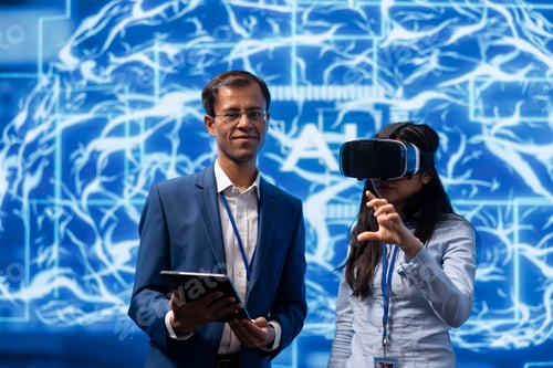 Preview: Researchers doing virtual reality demonstration at AI convention