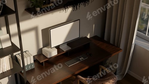 Preview: Modern loft and contemporary home working room interior with computer mockup on dark wood table