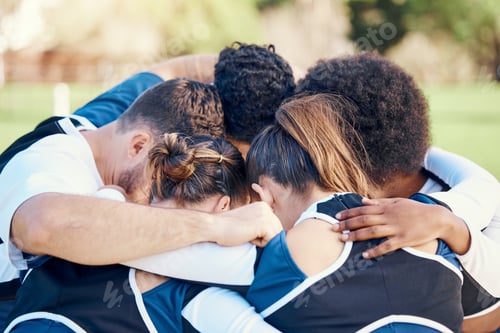 Preview: Cheerleaders, sports teamwork or people in huddle with support, hope or faith on field in game toge