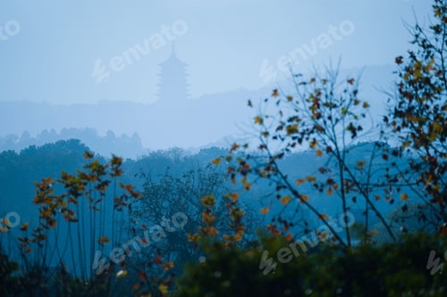 Preview: the fog covering a landscape with an asian shrine in the background